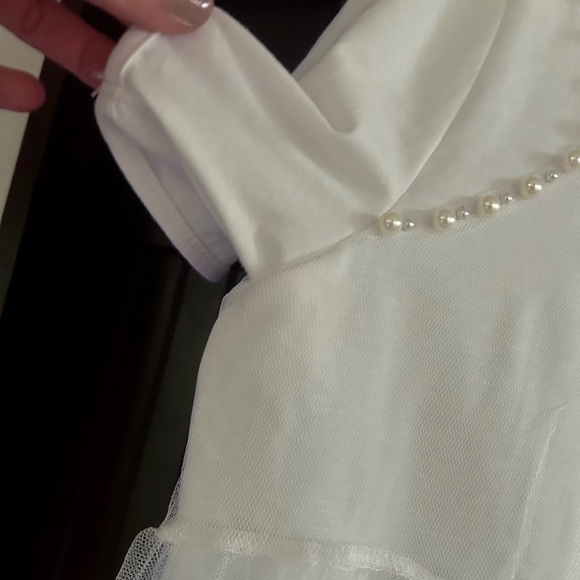 ON 12TH Empire Waist Pearl Beaded Sheer Mesh Overlay Peplum Tee Top T-Shirt Sz M - Picture 6 of 10